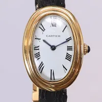 Damur Cartier Baignoire 22x31mm boett nr. 780943355, med läderband (med slitage) och viklås, 18K i boett och viklås med originalask, 1970-tal, manuell uppdragning, romerskt index, bruttovikt: 31g 