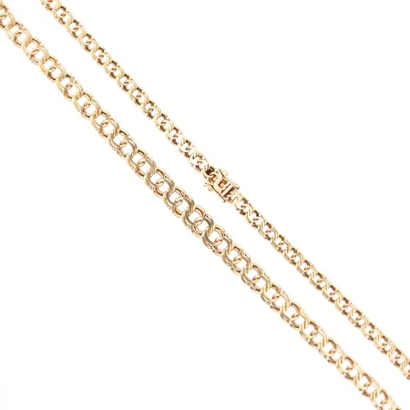 Collier Bismarck, doserad, längd 38cm, bredd 5-8mm, Bergmans Guldvaror, Arboga, 1965, lås med  slitage, 18K guld.  Vikt: 20,7 g