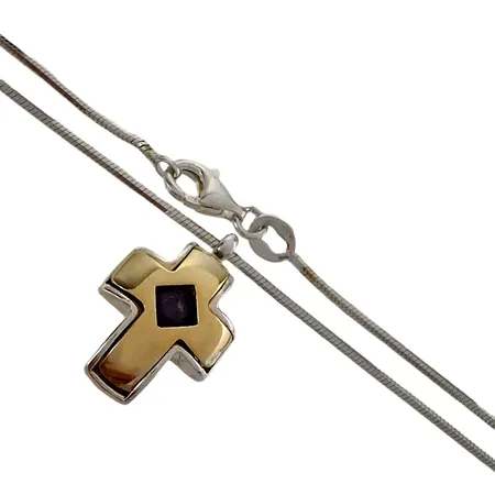 Halsband Ormlänk + Hänge "Kors", silver 925/1000, Ametist, förgylld front, kedja längd 42,5 cm, bredd 1 mm, hänge längd inkl. ögla 20 mm, bredd 13 mm, sten utan anmärkning, fint skick  Vikt: 7,6 g