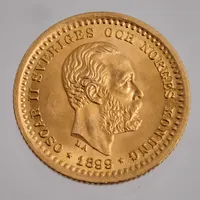 Mynt i 21,6K guld, Ø16mm, 5Kronor, Oscar II Sveriges och Norges konung, 1899, vikt 2,24g.