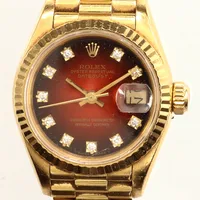 Damur Rolex Oyster Perpetual Datejust 18K, 25mm, serienummer: L838187 med diamantindex, Presidentlänk 18K, längd inklusive ur ca 16cm, repigt glas, skadad krona, fuktskadat/skadat urverk, går ej, inga tillbehör, bruttovikt: 73,8g