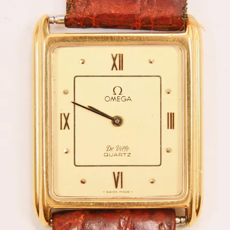 Herrur Omega De Ville, 25x31mm, quartz, doublé, refnr:191.0107, Cal.1365, verknr:44710475, defekt läderband ej original, originalspänne, batteribyte krävs. Vikt: 0 g