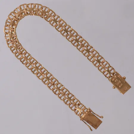 Armband X-länk med stav, längd 19,5cm, bredd 8,5mm, stämplad Boliden, år 1962, 18K  Vikt: 19,3 g