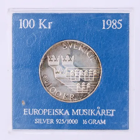 Minnesmynt, Europeiska Musikåret, 1985, nominellt värde 100kr, Ø32mm, etui, 925/1000 silver  Vikt: 16 g