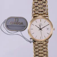 Herrur Omega, quartz, datum, Ø 33mm, ref 54978990, gravyr på boett, går ej, batteribyte krävs, 18K, Omegatag, länk i doublé, batteribyte krävs, bruttovikt: 68,4g