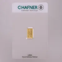 Guldtacka Chafner 999,9. 15x10mm, serienummer 444217, obruten förpackning 24K  Vikt: 1 g