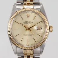 Herrur Rolex Datejust, stål/guld, 36mm, ref: 16013, snr: 6022042, ca 1979, cal: 3035, verknr: 0314782, boettnr: 16000, datum, jubilélänk stål/guld, viklås, ref:62510H, repigt plexiglas, inga tillbehör