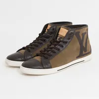 Skor Louis Vuitton Suede Punchy High Top sneaker boots olive, skinn/mocca, storlek 8, ca 27,5cm, datumkod GO0160, gummisula, inga tillbehör, sparsamt använda