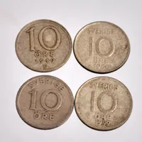 4st mynt i silver, 10öringar, år 1924, 1940, 1959, 1960, vikt 5,83g.