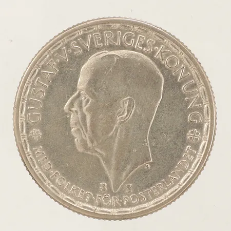 Mynt 2kr, Ø31mm, Gustav V Sveriges Konung, Med folket för fosterlandet, 1950, 40/1000 silver Vikt: 13,9 g