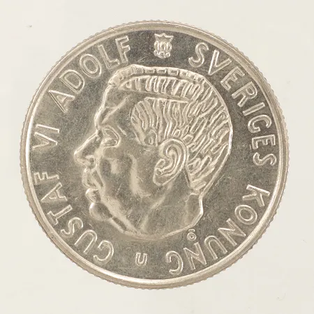 Mynt 2 kr, Ø31mm, Gustav VI Adolf  Sveriges Konung, Plikten framför allt, 1963, 400/1000 silver Vikt: 13,9 g