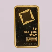 Guldtacka Valcambi Suisse, 5g fine gold 999,9 nr AA463150, ca 23x14mm, bruten förpackning. 24K