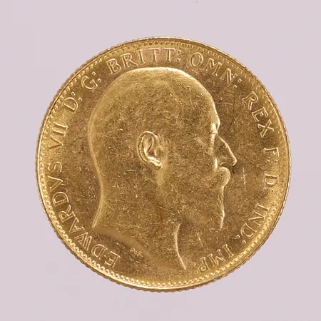 Mynt Sovereign, 1910, EDWARDVS VII D: G: BRITT: OMN: REX F: D: IND: IMP: ca Ø22mm. 22K Vikt: 8 g