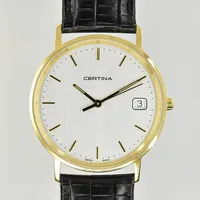 Herrur Certina, datum, quartz, boett Ø34 mm, gravyr på boett, , EOL 158.9289.68, behov av batteribyte, läderband original, nyskick, cert, etui, bok, ytterkartong, 18K.