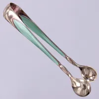 Sockertång med grön emalj, längd ca 9,5cm, förgylld, MADE IN NORWAY, silver 925/1000  Vikt: 16,3 g