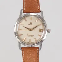 Herrur Omega Seamaster Automatic, Ø34 mm, automat, datum, boettnr: 14704 SC-61, serienummer: 20059420, cal.562, mindre repor på plastglas, stål, läderband, defekt/går ej att ställa, visarna lite lösa, inga tillbehör