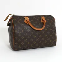 Väska Louis Vuitton Speedy 30, monogram canvas, bruna skinndetaljer, datumkod: TH0012, 2002 Frankrike, hänglås saknar nyckel,  mindre fläckar i botten på foder, slitage på dragkedjans läderflärp