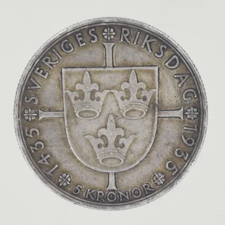 Silvermynt 5kronor Gustaf V 1435-1935 Sveriges riksdag, Silver 900/1000 Vikt: 25 g