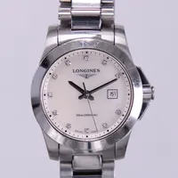 Damur Longines Conquest, quartz, datum, Ø 34mm, pärlemourtavla, diamant index, stål, refnummer: L3.277.4, serienummer: 42267838, stållänk, viklås, batteri byte krävs, inga tillbehör