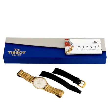 Herrur Tissot, 18K guld, Ø33,5 mm, quartz - behov av batteribyte, safirglas, datum, gravyr 