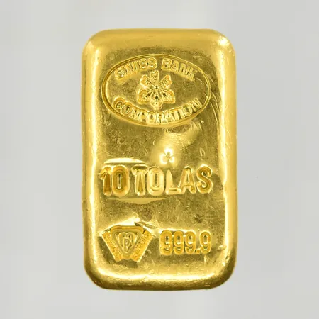 Guldtacka, Swiss Bank Corporation, 10 Tolas, längd 45 mm, bredd 27 mm, 24K. Vikt: 116,6 g