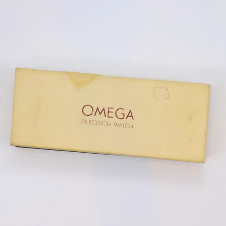 Box till Omega Precision Watch 13,5x2,7x5,5cm, 1950/60-tal, med slitage och små fläckar 