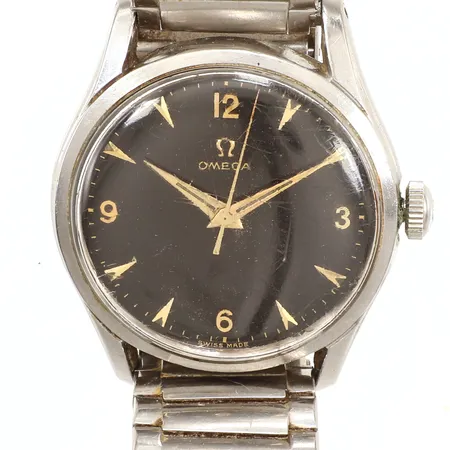 Armbandsur Omega, Ø 34mm, manuell, modellnr: 2640-9, serienr: 13663010, calnr 283, 1950-tal, stållänk, innermått inklusive ur ca 19cm,  repigt plexiglas, personlig gravyr