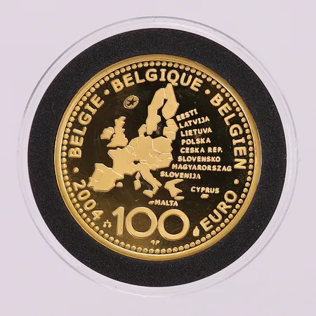 Mynt 100 Euro, Belgien 2004, Ampliata Vnio Evropaea, 24K, plastetui Vikt: 15,5 g