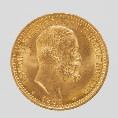 Mynt, Oscar II Sveriges och Norges konung, 10 kronor 1901, Ø 23mm, 21,6K Vikt: 8,9 g