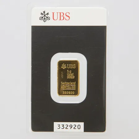 Guldtacka UBS, Switzerland Welter Assayer 999,9, serienr: 332920, obruten förpackning, 24K Vikt: 5 g