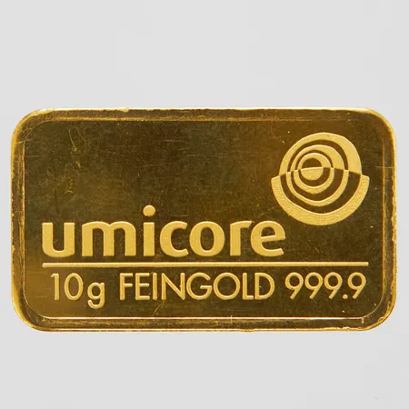 Guldtacka Umicore Feingold 999,9, ca 3 x 1,8cm, repig, 24K Vikt: 10 g