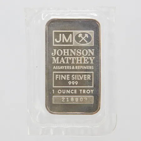 Silvertacka Johnson Matthey, Fine silver 999, seriennr: 218903, ca 5x3cm, mjuk plastförpackning, 999/1000 silver Vikt: 31,1 g