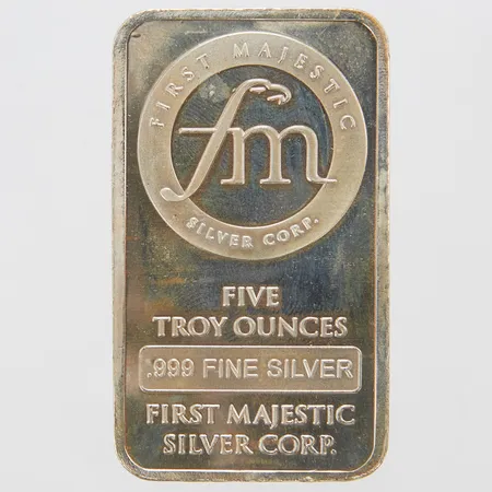 Silvertacka, First majestic silver corp, 999 fine silver, five troy ounces, ca 6 x 3,5cm, mjuk plastförpackning, 999/1000 silver Vikt: 155,6 g