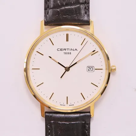 Herrur Certina 18K, 38mm, quartz, ref:C901.410.16.011.00, läderband, gravyr, originalbox. Vikt: 0 g