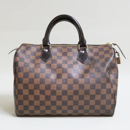 Väska Louis Vuitton Speedy 30, damier ebene canvas, rött foder, dragkedja, ca 30x21x18cm, lås, saknar nycklar, någon fläck under, datumkod Frankrike 2010