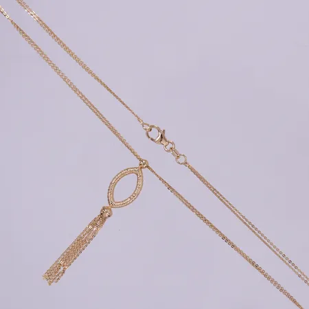 Collier, 2-radig, längd: ca 43cm, bredd: ca 1,5mm, längd hänge: ca 4,5cm, bredd: ca 9mm, GHA, 18K  Vikt: 3,4 g