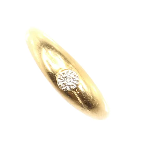 Ring med diamant ca 0,01ct, stl 16, bredd ca 1,5-5mm, repig, GFAB, 18K Vikt: 1,1 g