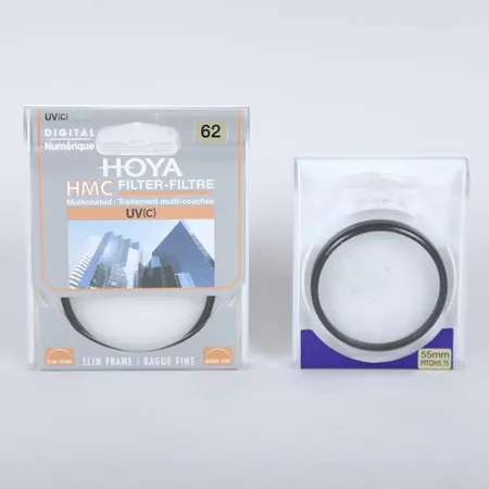 Två filter för objektiv, Hoya, Softener (A) samt UV, 55mm respektive 62mm, UV filter ej öppnad förpackning, softener smärre slitage.  Vikt: 0 g