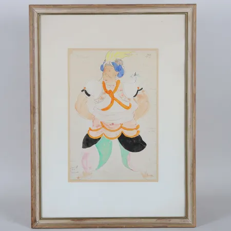 Tavla, Isaac Grünewald, Dräktskiss, gouache på papper, uppfordrad, gulnad, pappret har kantskador, signerad Vikt: 0 g Skickas med postpaket.