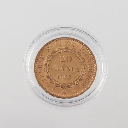 Mynt 20 Francs 1878, Republique Francaise, Liberte Egalite Fraternite, Ø 21mm, plastetui, 21,6k Vikt: 6,4 g