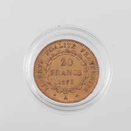 Mynt 20 Francs 1878, Republique Francaise, Liberte Egalite Fraternite, Ø 21mm, plastetui, 21,6k Vikt: 6,4 g