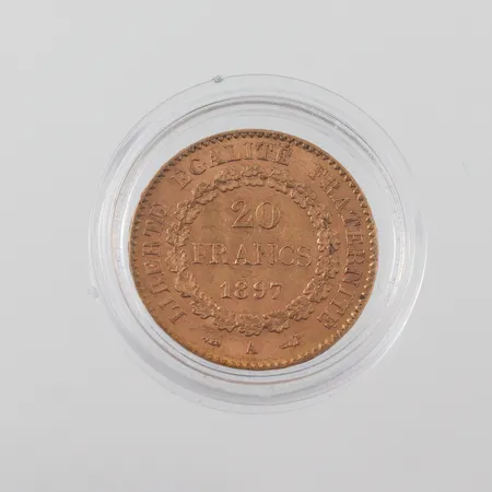 Mynt 20 Francs 1897, Republique Francaise, Liberte Egalite Fraternite, Ø 21mm, plastetui, 21,6k Vikt: 6,4 g