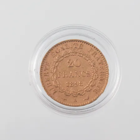 Mynt 20 Francs 1898, Republique Francaise, Liberte Egalite Fraternite, Ø 21mm, plastetui, 21,6k Vikt: 6,5 g