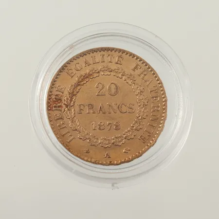 Mynt 20 Francs 1878, Republique Francaise, Liberte Egalite Fraternite, Ø 21mm, plastetui, 21,6k Vikt: 6,4 g