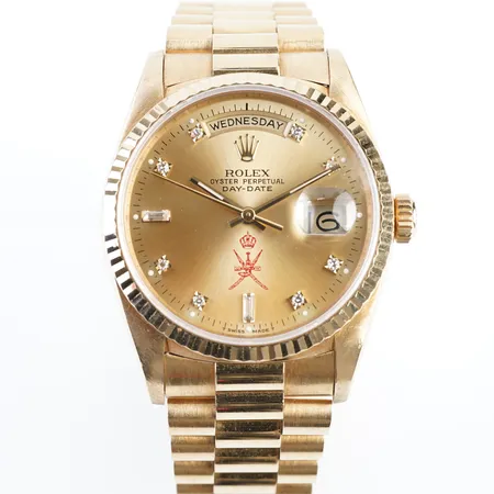 Herrur Rolex Day-Date 36 med briljanttavla Sultanate of Oman 'Khanjar'  ref: 18238, serie nr: R668966, cert & box, service kvitto 2015, uttagen 1989