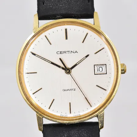 Herrur Certina, Ø 33,5mm, 14K, quartz, datum, nr. EOL 115.9299.65, personlig gravyr boett,  moccaband, , behov av batteribyte