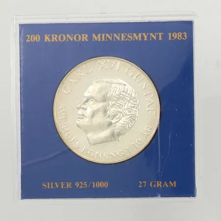 Minnesmynt, Carl XVI Sveriges konung i 10 år, 1983, nominellt värde 200kr, plastetui, silver, 925/1000 Vikt: 27,1 g