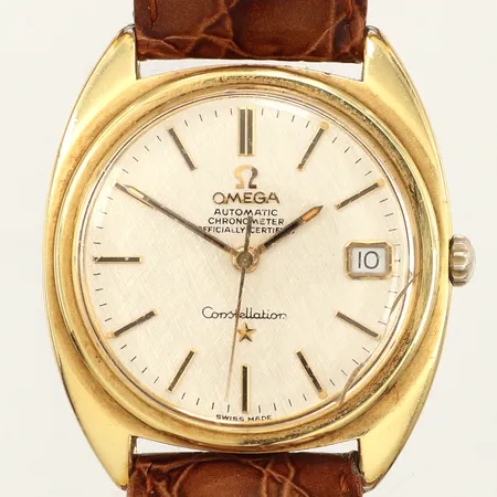 Armbandsur Omega Constellation Chronometer, automatisk, guld på stål, Ø34mm, plexiglas, spricka, datum, "Linen dial", referens nr. CD 160.017, caliber 564, verk nr.24879377, 1960-tal, personlig gravyr, läderarmband ej original, slitet