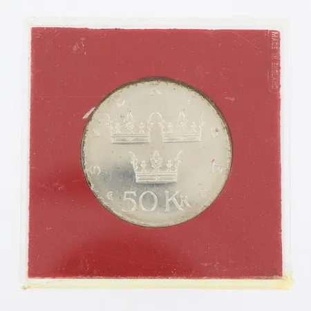 Minnesmynt, Ø36mm, nominellt värde 50kr, All offentlig makt i Sverige utgår från Folket, år 1975, plastetui, silver 925/1000  Vikt: 27 g