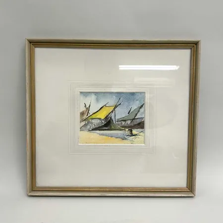 Tavla, akvarell, 12x15cm, fiskebåtar i hamnen Tarragona, Spanien, juli 1952, signerad Hans Abrahamsson 1952 Skickas med postpaket.